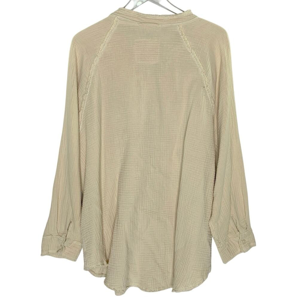 Aerie Gauzy Coverup Shirt L Oversized Button Front Textured Pool to Party Beige - Picture 2 of 10